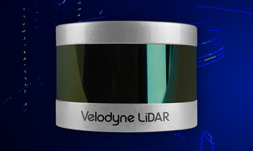 Close up of Velodyne VLP-16 HiRes and point cloud displaying data from the LiDAR sensor.