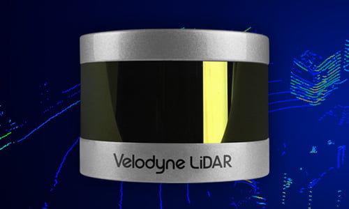 Close up of Velodyne VLP-16 LITE and point cloud displaying data from the LiDAR scanner.