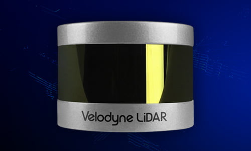 Close up of Velodyne VLP-16 and point cloud displaying data from the LiDAR sensor.