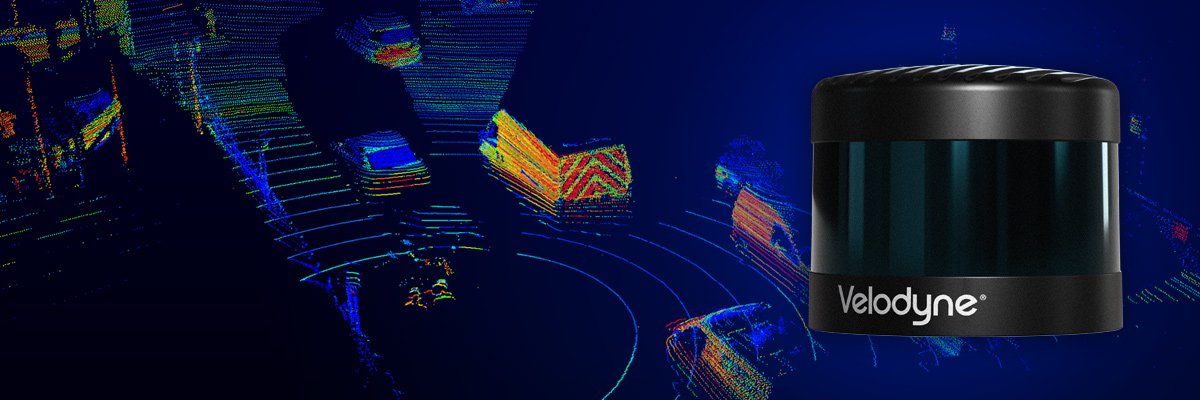 Close up of Velodyne VLS-128 and point cloud of busy street displaying 7 vehicles.