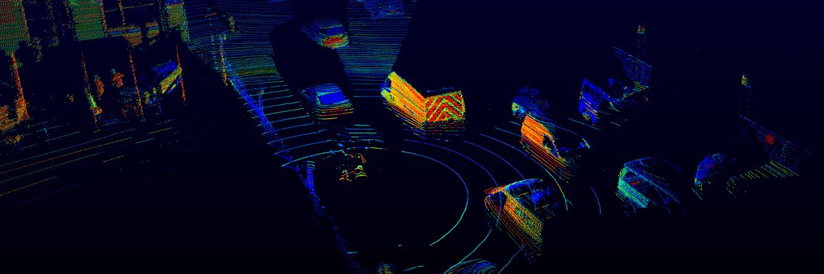 Point cloud of busy road with numerous cars captured by Velodyne LiDAR sensor.